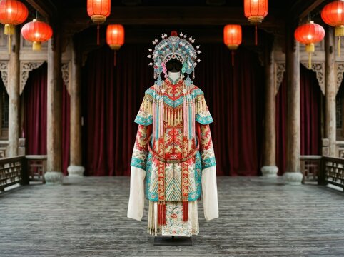 Chinese Opera Costume Display Under Red Lanterns