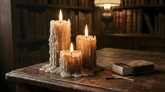 Three burning candles with dripping wax on a rustic wooden table in a dark cozy room setting