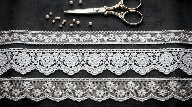 Three decorative white lace ribbons with metal sewing scissors and pins on dark black background