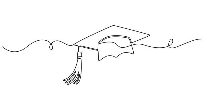 Self drawing simple animation of continuous one line drawing of graduation cup with tassel. Black lines on a white background. Hand drawing, graduation cap and diploma animation, pro video animation, 