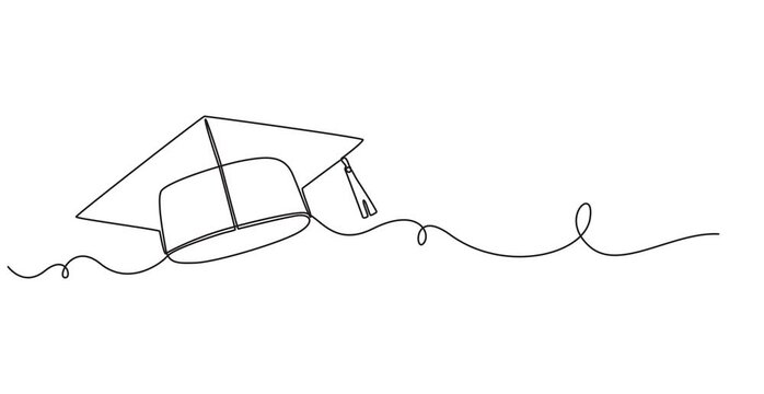 Self drawing simple animation of continuous one line drawing of graduation cup with tassel. Black lines on a white background. Hand drawing, graduation cap and diploma animation, pro video animation, 
