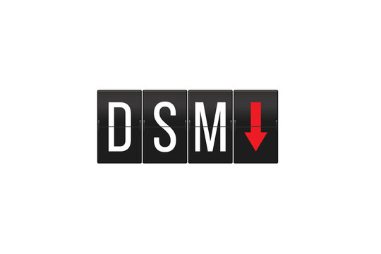 Des Moines airport code DSM with a downward red arrow, representing an arrival or decreasing trend
