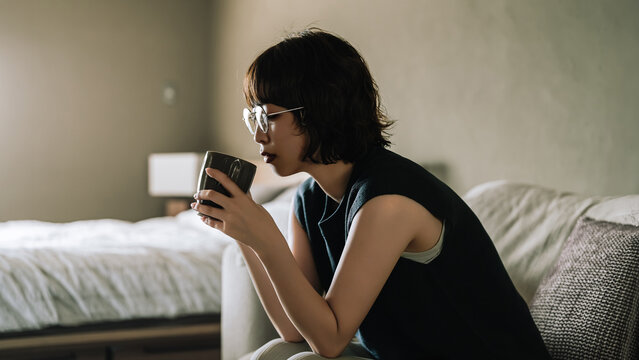 ソファに座って飲み物を飲む女性