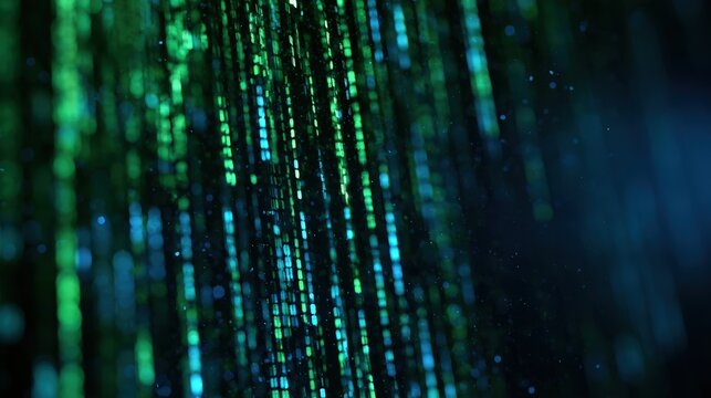 Abstract digital green code raining down in glowing streaks. Representing cybersecurity technology and complex data streams for computing backgrounds.