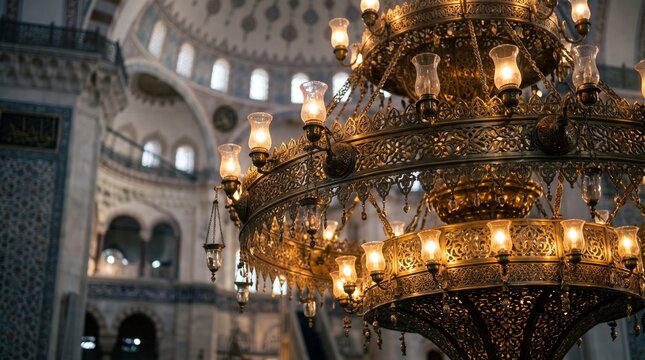 Ornate Brass Chandelier Inside a Mosque