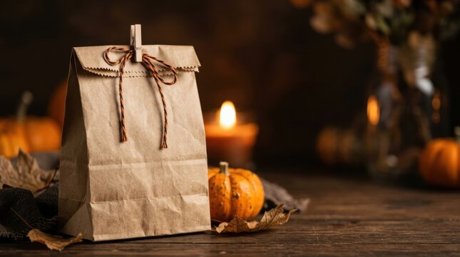 halloween kraft treat bag blank Brown paper bag tied with string on wooden table with pumpkins and candle
