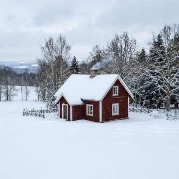 Red wooden cabin with smoking chimney in snowy winter landscape