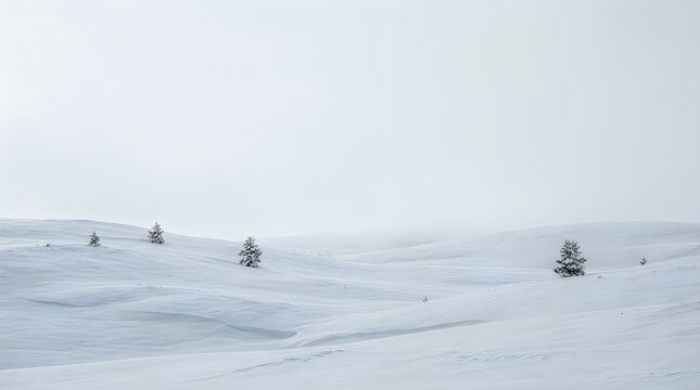 Snowy winter landscape with small pine trees on white hills