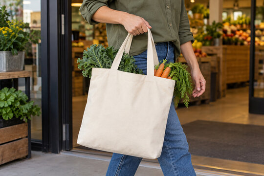 Shopper carrying a blank canvas tote with fresh vegetables