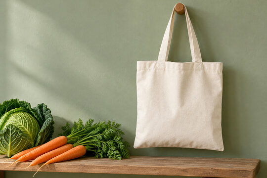Blank canvas tote hanging above fresh vegetables