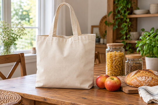 Blank canvas tote beside pantry groceries on a wooden table