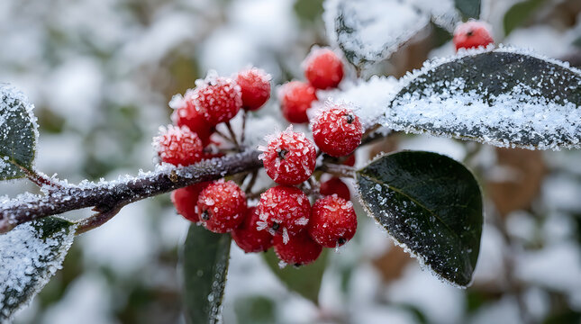 Red berries with white snow on green leaves in winter nature