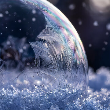 Frozen soap bubble with ice crystals resting on cold snow background