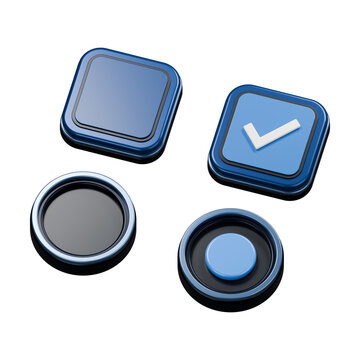 Blue 3D checkbox and radio button state set angled view