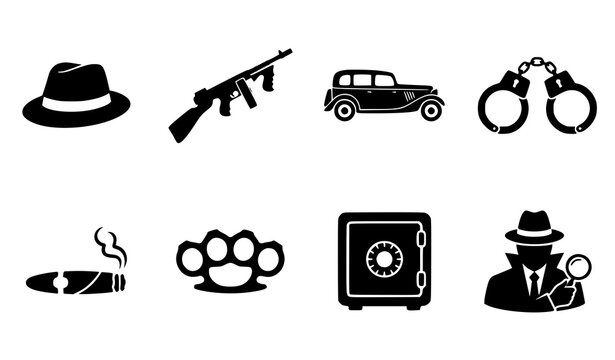 Gangster and Crime Noir Black Silhouette Vector Icon Set