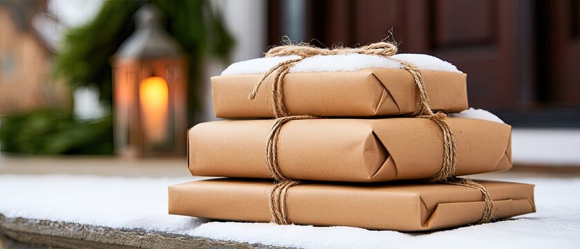 Three gifts wrapped in brown paper and tied with jute string sit on a snow covered porch