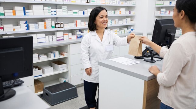 Smiling pharmacist with short stature handing paper bag to customer at pharmacy counter, shelves with medicine boxes background