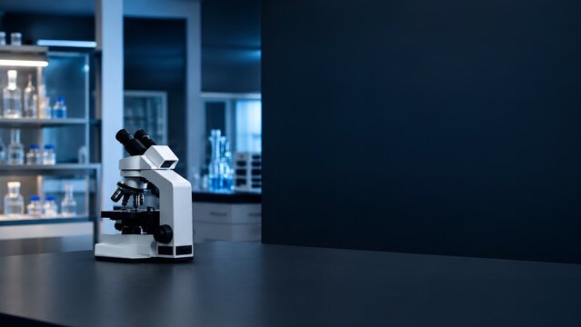 Microscope in a Laboratory: A high-powered microscope sits ready for use on a dark laboratory bench, with shelves of scientific equipment and flasks visible in the softly illuminated background.
