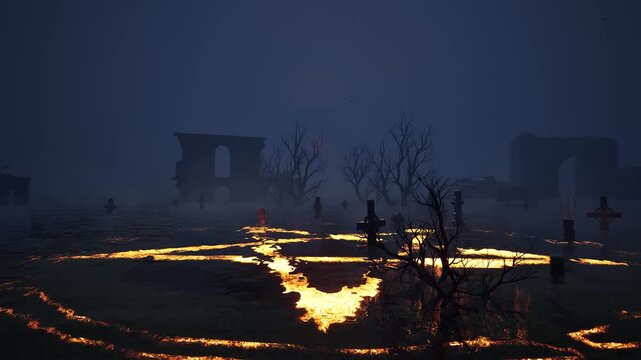 A flooded cemetery at night, with a pentagram glowing underwater. Halloween.