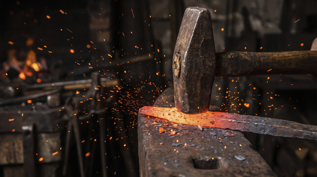 Heavy steel hammer strikes glowing red hot iron on rustic anvil, creating bright flying sparks. Blacksmithing tool shapes molten metal billet across sturdy blacksmith workshop workstation.