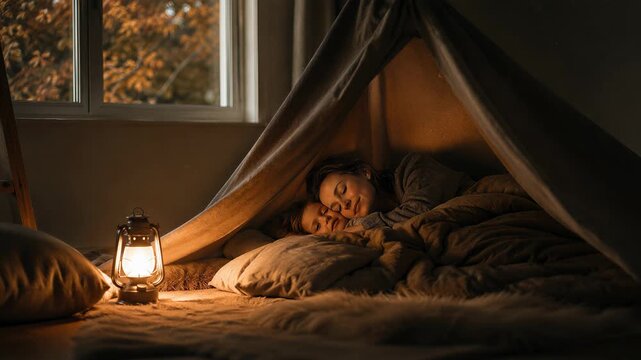 Mother and child cuddle beneath a blanket fort in autumn. Family leisure, cozy indoor camping. Parent and child bonding at bedtime. Seasonal home comfort.