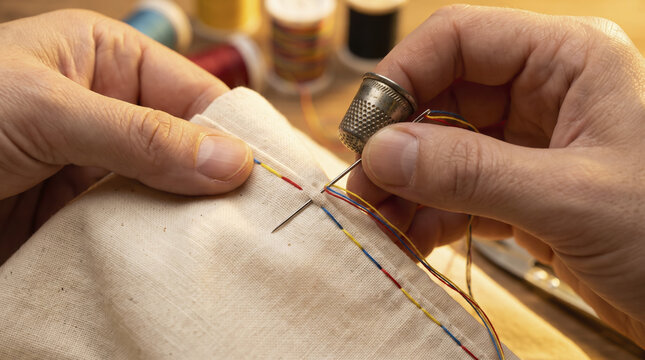 Sewing needle pierces textile held by skilled hands practicing traditional handicraft. Artisan uses protective thimble while pulling blue yellow and red embroidery threads through cloth.