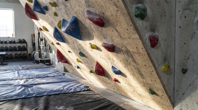 Bright climbing holds scatter over angled plywood bouldering board inside quiet fitness facility, offering challenging grip positions above protective floor padding in daylight illumination.