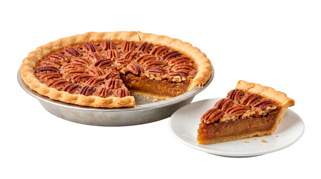 Thanksgiving Pecan Pie with Sliced Piece, No Background, Transparent PNG