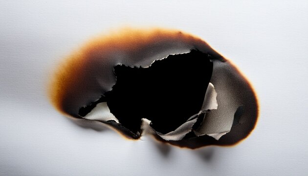 burnt hole isolated on white paper burns borders paper close up paper burn black stain mark close up
