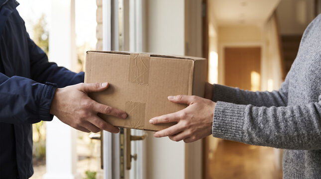 Person receives cardboard package from courier hands near open doorway, accepting delivered parcel with care. Home delivery service ensures secure transfer of brown box directly inside hall.