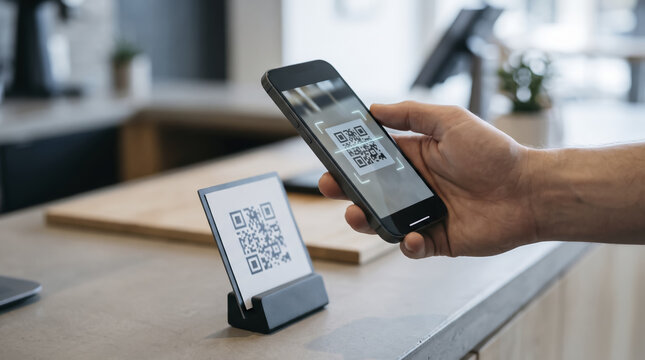 Customer hand uses smartphone camera scanning printed QR code display on store desk. Smart device processes quick digital payment, providing smooth cashless transaction experience inside cafe.