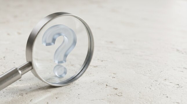 Magnifying glass inspecting question mark symbol reveals frosted glass query on light textured background, providing inquisitive concept for research, problem solving and verification.