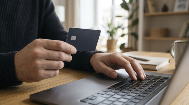 Focused man holding bank card types billing details onto portable computer keyboard. Calm consumer completes digital shopping purchase using financial plastic badge beside ceramic coffee mug.