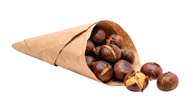 Traditional Portuguese Roasted Chestnuts in Paper Cone, No Background, Transparent PNG