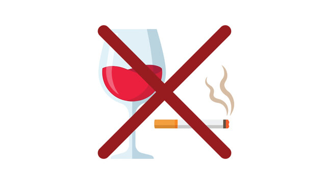 Red prohibition sign crossing out glass of wine and cigarette depicting unhealthy lifestyle habits