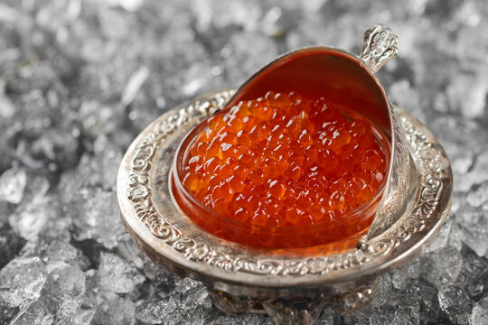 Red fish roe in an elegant silver caviar dish, served on crushed ice. Glass insert, engraved metal. Luxury seafood delicacy closeup macro. Glossy orange roe 