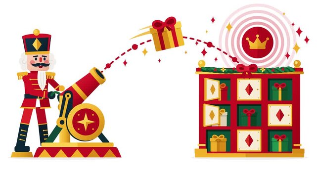 Festive flat design animation of a Nutcracker soldier character firing a gift box from a red cannon into an advent calendar cabinet with a golden crown target icon on a white background.
