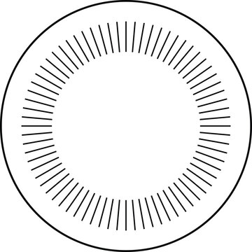 Abstract circular sunburst design element featuring thin black lines radiating from a central point isolated on white background