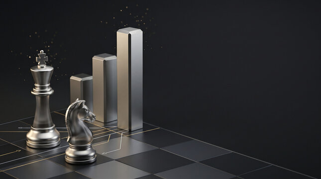 Silver chess pieces and 3D bar graph on dark background representing business strategy and success