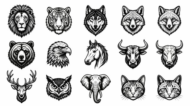 Collection of Animal Head Silhouettes: A striking compilation of various animal heads, rendered in a monochromatic, stylized illustration, featuring a lion, tiger, wolf, fox, bear, eagle, horse, bull.