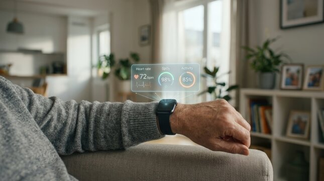 Smartwatch Displaying Futuristic Holographic Health Metrics and Vital Signs Monitoring on Wrist