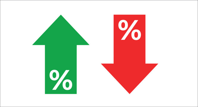 Green arrow pointing up and red arrow pointing down with percentage symbols representing financial market trends and fluctuations