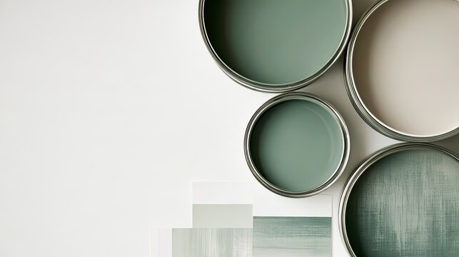 Paint cans and color swatches displayed flatly on a white surface.
