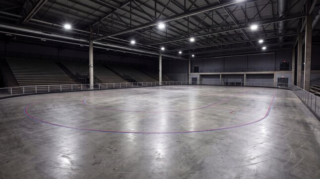 Empty Indoor Sports Arena with Concrete Floor and Bleachers