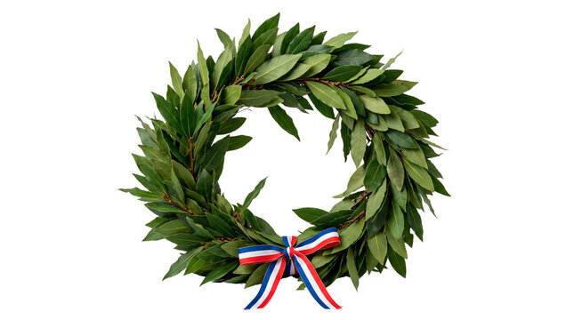 Couronne comm&eacute;morative de laurier avec ruban tricolore fran&ccedil;ais, sans fond, PNG transparent