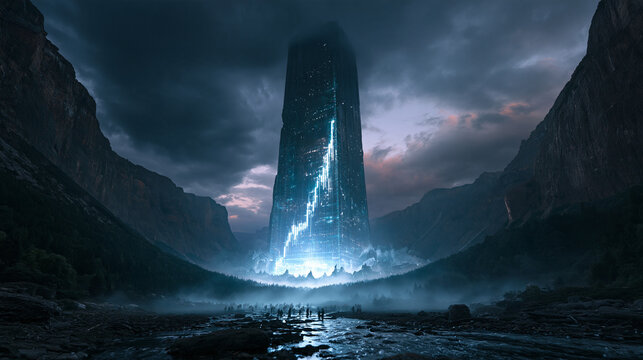 Futuristic Monolith Tower Glowing in Dramatic Mountain Valley