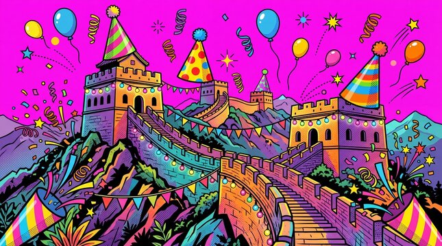 Great Wall of China Birthday Party Celebration Illustration