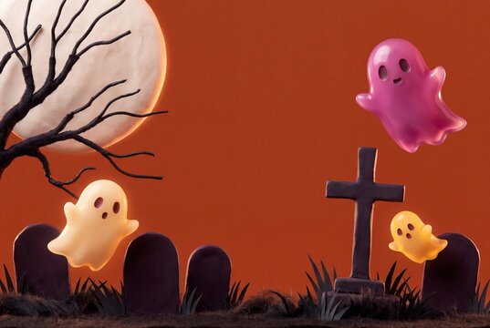 Cute Halloween ghosts floating in graveyard with full moon, tombstones and bare tree on orange background