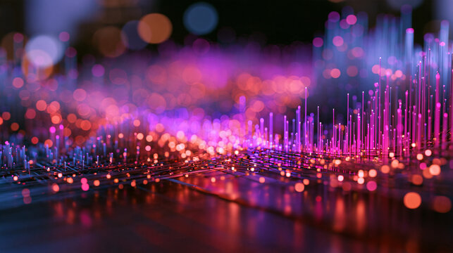 Digital Fiber Optic Data Network with Glowing Bokeh Lights