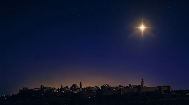 Star of Bethlehem shining over the silhouetted city at night.
